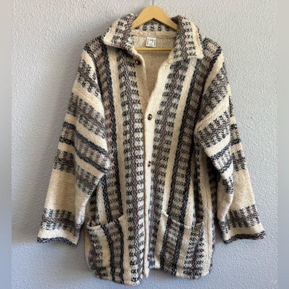 Vtg Conejo Brothers Button Front Wool‎ Sweater Jacket Striped Geometric Pattern